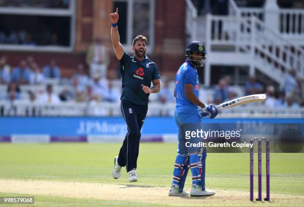 Liam Plunkett of England celebrates dismissing Lokesh Rahul of India during the 2nd ODI Royal London One-Day match between England and India at...