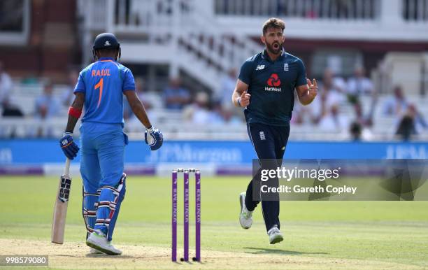 Liam Plunkett of England celebrates dismissing Lokesh Rahul of India during the 2nd ODI Royal London One-Day match between England and India at...