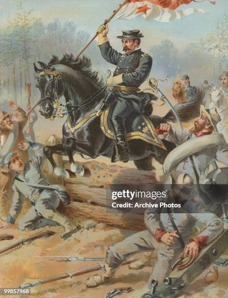 Colour engraving of General Philip Henry Sheridan at the battle of Five Forks in Virginia on 1 April 1865.