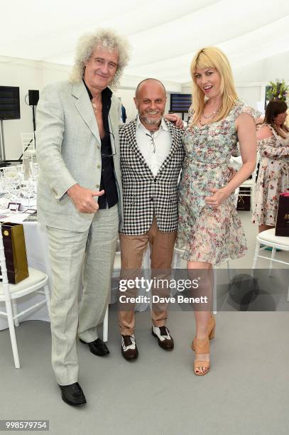 Brian May, Sergio Momo and Meredith Ostrom attend the Xerjoff Royal Charity Polo Cup 2018 on July 14, 2018 in Newbury, England.