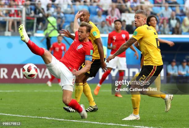 Harry Kane of England shoots during the 2018 FIFA World Cup Russia 3rd Place Playoff match between Belgium and England at Saint Petersburg Stadium on...