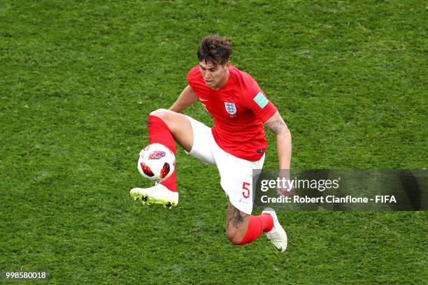 John Stones of England controls the ball during the 2018 FIFA World Cup Russia 3rd Place Playoff match between Belgium and England at Saint...