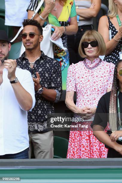 Lewis Hamilton and Anna Wintour attend day twelve of the Wimbledon Tennis Championships at the All England Lawn Tennis and Croquet Club on July 13,...