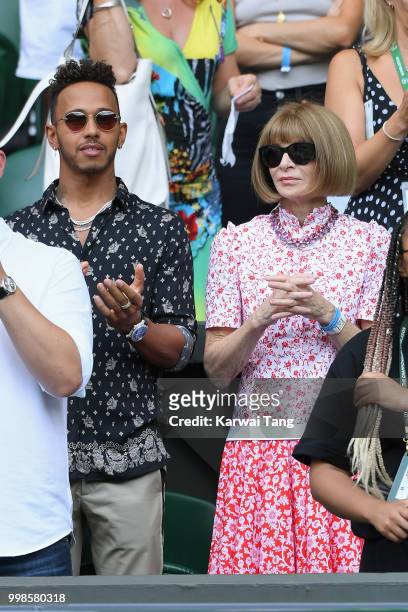 Lewis Hamilton and Anna Wintour attend day twelve of the Wimbledon Tennis Championships at the All England Lawn Tennis and Croquet Club on July 13,...