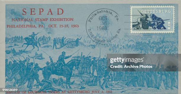 An Envelope and stamp with artwork commemorating the centenary of the civil war in Gettysburg, sent on 26 October 1963.