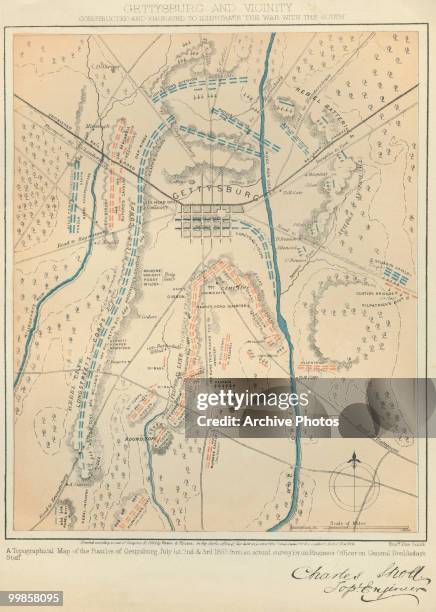 Map of the battles of Gettysburg, 1st to the 3rd July 1863, from an actual survey by an engineer and officer on General Doubleday's staff circa 1863.