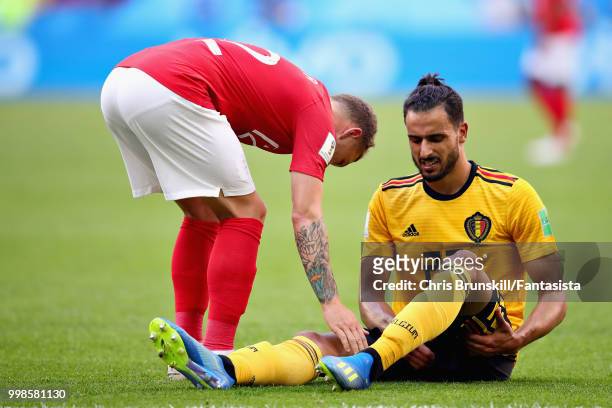 Nacer Chadli of Belgium reacts after a challenge during the 2018 FIFA World Cup Russia 3rd Place Playoff match between Belgium and England at Saint...