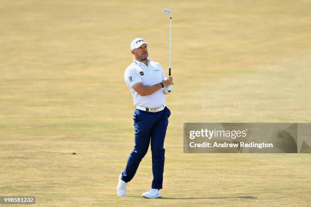 Lee Westwood of England takes a shot during day three of the Aberdeen Standard Investments Scottish Open at Gullane Golf Course on July 14, 2018 in...