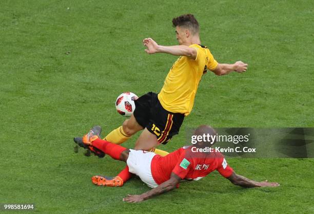 Fabian Delph of England tackles Thomas Meunier of Belgium during the 2018 FIFA World Cup Russia 3rd Place Playoff match between Belgium and England...