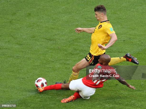 Fabian Delph of England tackles Thomas Meunier of Belgium during the 2018 FIFA World Cup Russia 3rd Place Playoff match between Belgium and England...