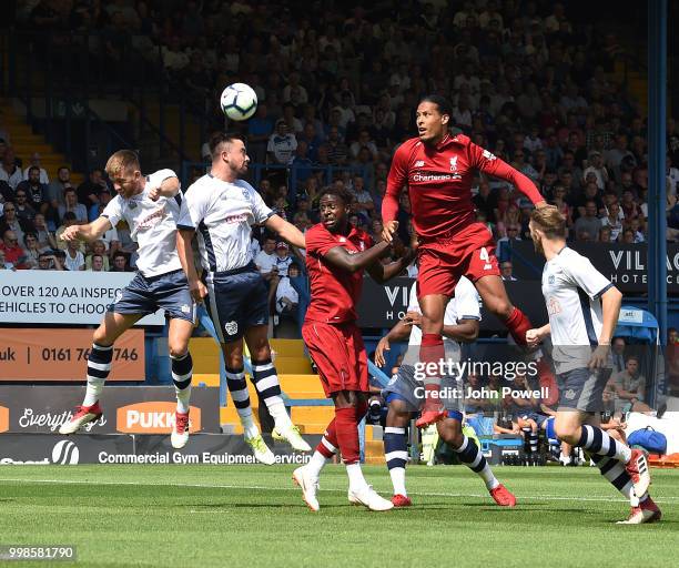 Virgil van Dijk of Liverpool comes close during the Pre-Season friendly match between Bury and Liverpool at Gigg Lane on July 14, 2018 in Bury,...