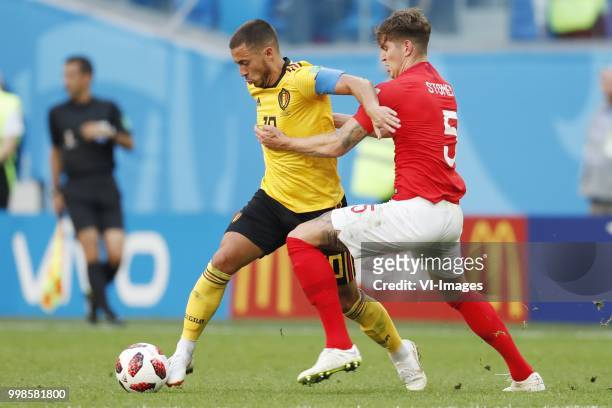 Eden Hazard of Belgium, John Stones of England during the 2018 FIFA World Cup Play-off for third place match between Belgium and England at the Saint...