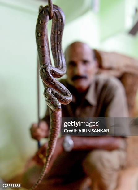 Worker displays a newly hatched reticulated python at Guindy Snake park in Chennai on July 14, 2018.