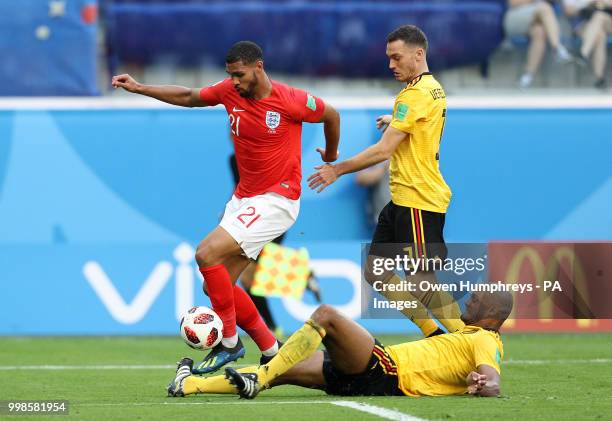 England's Ruben Loftus-Cheek battles with Belgium's Vincent Kompany and Thomas Vermaelen during the FIFA World Cup third place play-off match at...