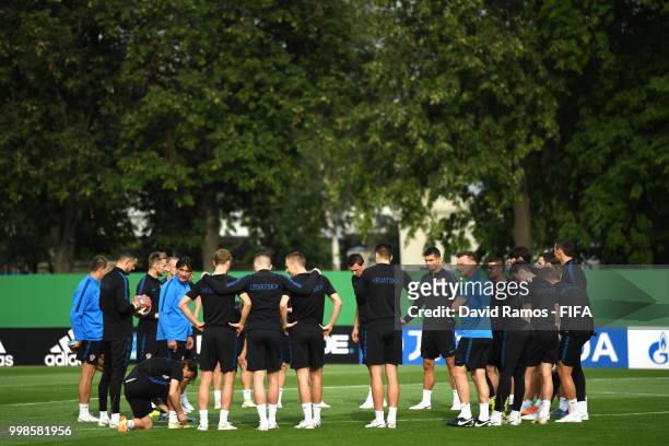 Zlatko Dalic, Head coach of Croatia speaks to his players during a Croatia training session during the 2018 FIFA World Cup at Luzhniki Stadium on...
