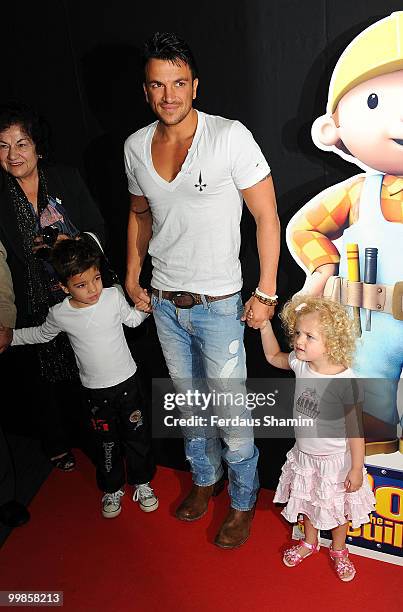 Peter Andre with his children, Junior and Princess Tiaamii attends the UK film premiere of 'Bob The Builder: The Legend Of The Golden Hammer' at Vue...