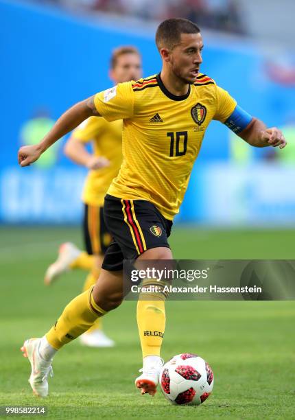 Eden Hazard of Belgium runs with the ball during the 2018 FIFA World Cup Russia 3rd Place Playoff match between Belgium and England at Saint...