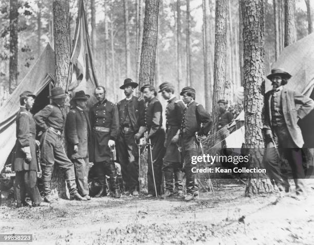 Photographer Mathew Brady with General Robert Brown Potter and his soldiers during the Civil War, circa 1864.