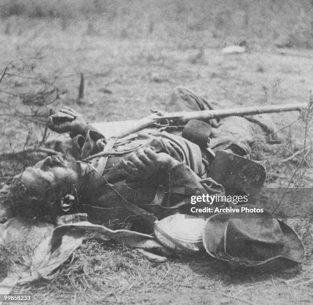 Dead confederate soldier lying in a field during the civil war in Spotsylvania County, Virginia circa 1864. 'One of Ewell's corpses at Spotsylvania'.