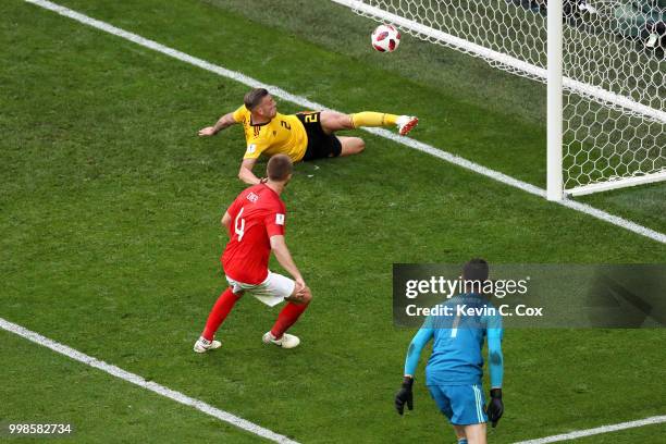 Toby Alderweireld of Belgium makes a goal line clearance from a shot by Eric Dier of England during the 2018 FIFA World Cup Russia 3rd Place Playoff...