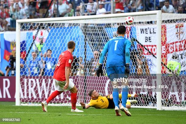 Toby Alderweireld of Belgium makes a goal line clearance from a shot by Eric Dier of England during the 2018 FIFA World Cup Russia 3rd Place Playoff...