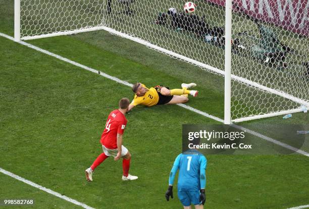 Toby Alderweireld of Belgium makes a goal line clearance from a shot by Eric Dier of England during the 2018 FIFA World Cup Russia 3rd Place Playoff...