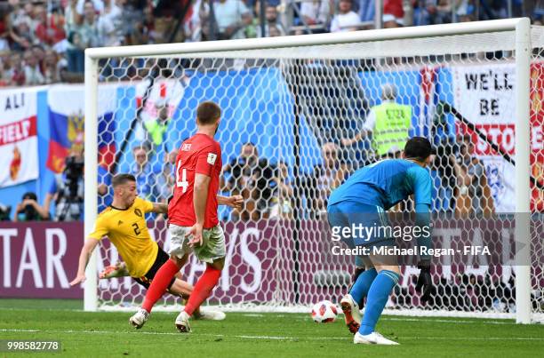 Toby Alderweireld of Belgium makes a goal line clearance from a shot by Eric Dier of England during the 2018 FIFA World Cup Russia 3rd Place Playoff...