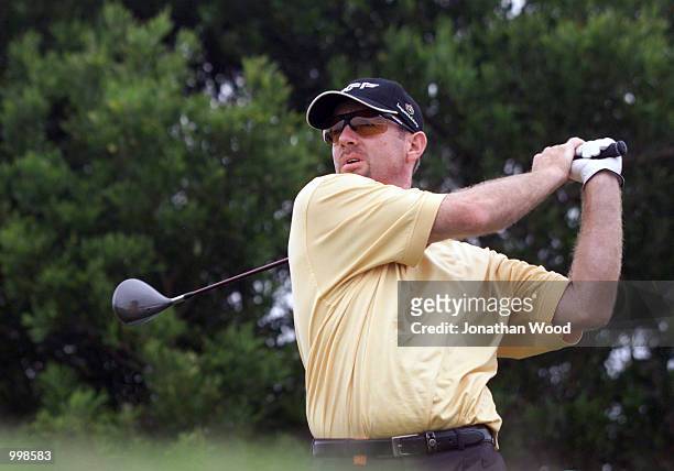 Rod Pampling of Australia tees off from the seventeenth hole during the second round of the Holden Australian Open Golf Tournament held at The Grand...