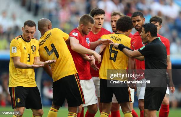 Referee Alireza Faghani shouts the Belgium and England players during the 2018 FIFA World Cup Russia 3rd Place Playoff match between Belgium and...