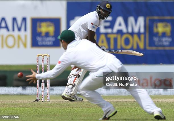 Sri Lankan cricketer Angelo Mathews edges the ball during the 3rd day's play in the first Test cricket match between Sri Lanka and South Africa at...