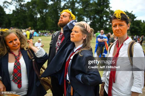 Protesters wear orange face makeup while the U.S. President is visiting Trump Turnberry Luxury Collection Resort in Scotland as people gather for...