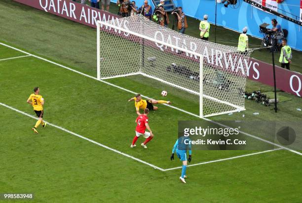 Toby Alderweireld of Belgium makes a goal line clearance from a shot by Eric Dier of England during the 2018 FIFA World Cup Russia 3rd Place Playoff...