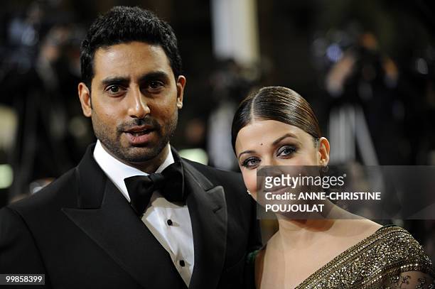 Indian model Aishwarya Rai and husband Abhishek Bachchan arrive for the screening of "Outrage" presented in competition at the 63rd Cannes Film...