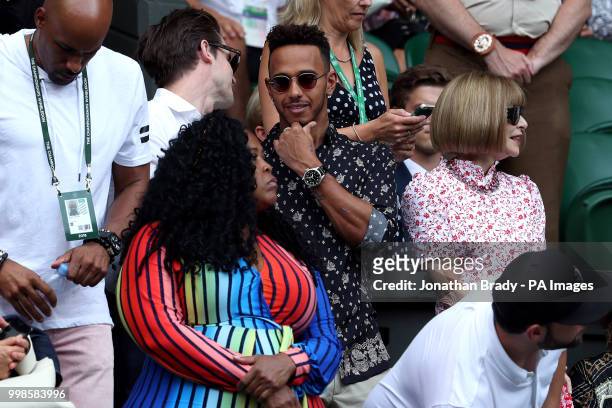 Lewis Hamilton in the players box of centre court on day twelve of the Wimbledon Championships at the All England Lawn Tennis and Croquet Club,...