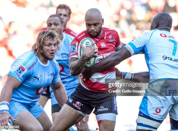Lionel Mapoe of the Lions with possession during the Super Rugby match between Emirates Lions and Vodacom Bulls at Emirates Airline Park on July 14,...