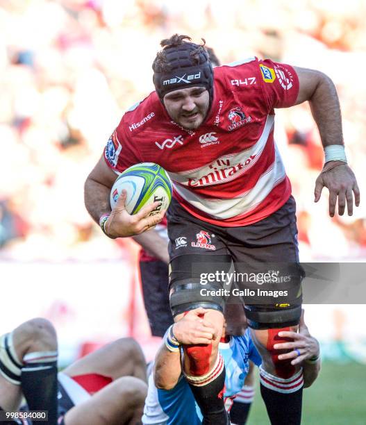 Cyle Brink of the Lions with possession during the Super Rugby match between Emirates Lions and Vodacom Bulls at Emirates Airline Park on July 14,...