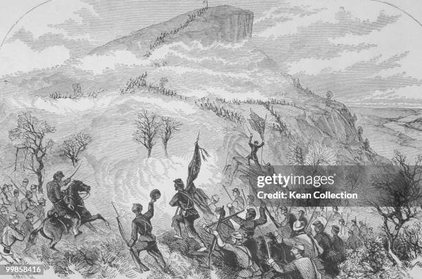 An engraving of the battle of Lookout Mountain in Chattanooga, Tennessee on 23 November 1863.