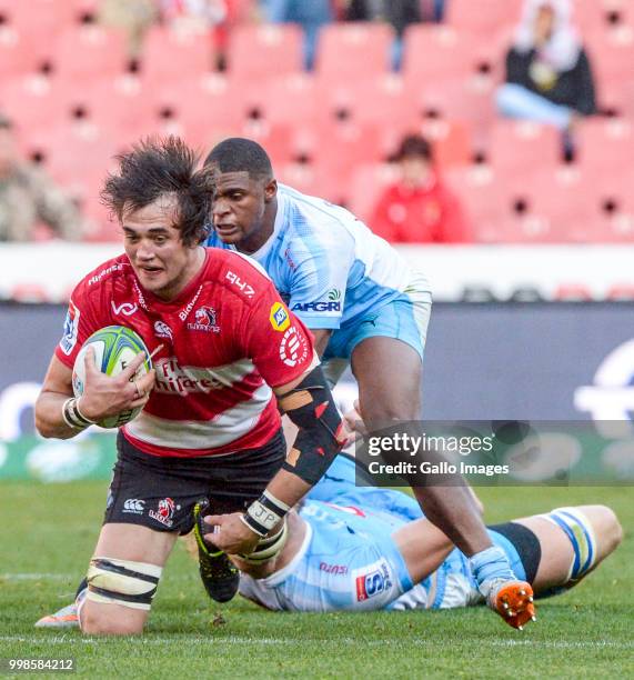 Franco Mostert of the Lions with possession during the Super Rugby match between Emirates Lions and Vodacom Bulls at Emirates Airline Park on July...