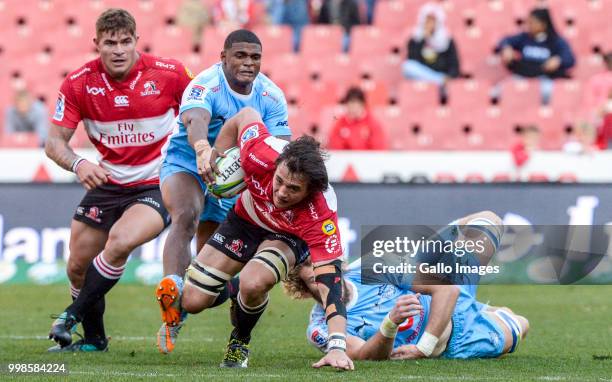 Franco Mostert of the Lions with possession during the Super Rugby match between Emirates Lions and Vodacom Bulls at Emirates Airline Park on July...