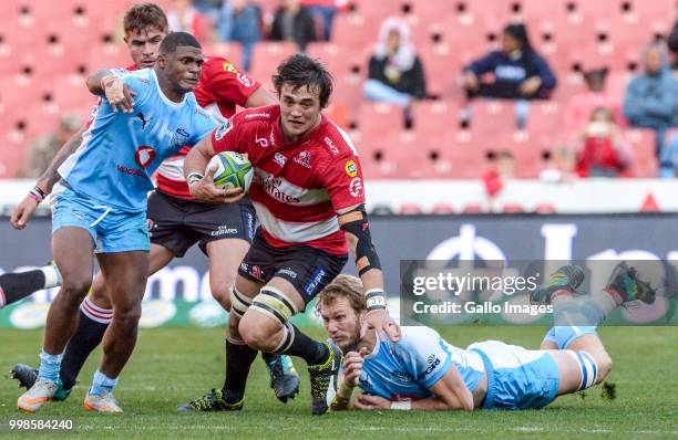 Franco Mostert of the Lions with possession during the Super Rugby match between Emirates Lions and Vodacom Bulls at Emirates Airline Park on July...