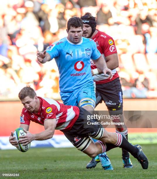 Albertus Kwagga Smith of the Lions wins possession during the Super Rugby match between Emirates Lions and Vodacom Bulls at Emirates Airline Park on...