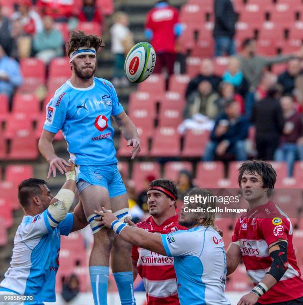 Nic de Jager of the Bulls wins possession during the Super Rugby match between Emirates Lions and Vodacom Bulls at Emirates Airline Park on July 14,...