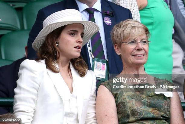 Emma Watson and Lady Rylance in the royal box on centre court on day twelve of the Wimbledon Championships at the All England Lawn Tennis and Croquet...
