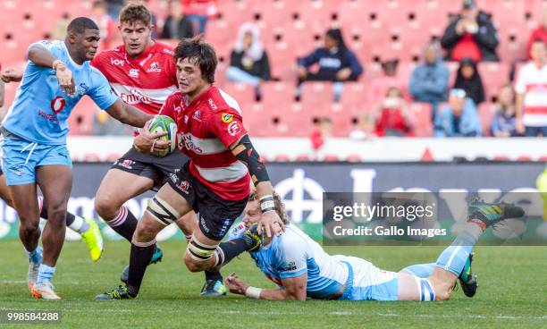 Franco Mostert of the Lions with possession during the Super Rugby match between Emirates Lions and Vodacom Bulls at Emirates Airline Park on July...