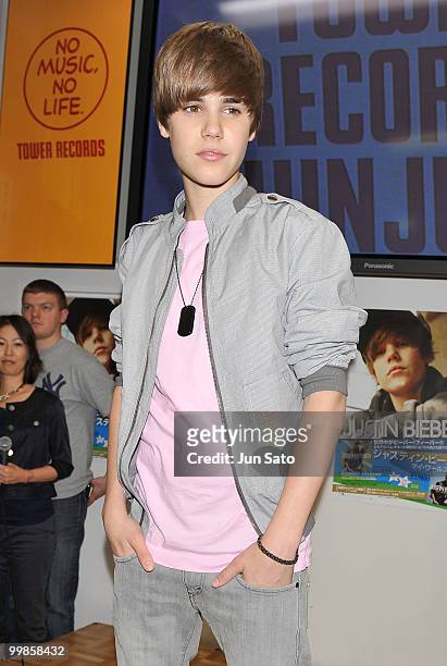 Singer Justin Bieber promotes his new album "My Worlds" at Tower Records Shinjuku on May 18, 2010 in Tokyo, Japan.