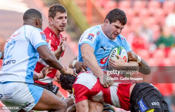 Marco Van Staden of the Bulls with possession during the Super Rugby match between Emirates Lions and Vodacom Bulls at Emirates Airline Park on July...