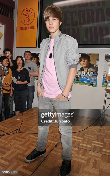 Singer Justin Bieber promotes his new album "My Worlds" at Tower Records Shinjuku on May 18, 2010 in Tokyo, Japan.