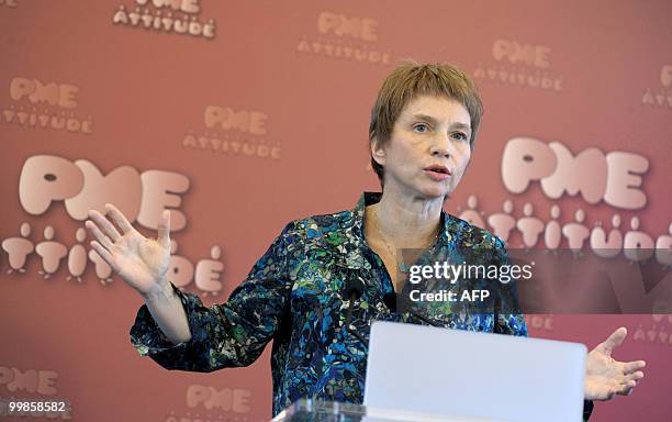 French employers association Medef head Laurence Parisot delivers a speech during her monthly press conference on May 18, 2010 in Paris. French...