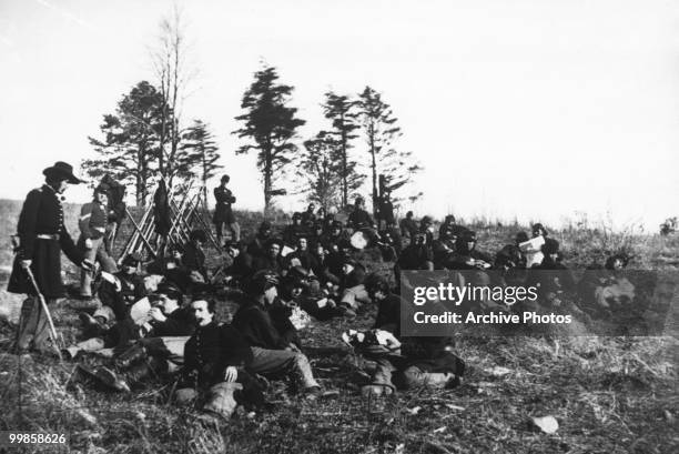 Soldiers at rest after drill in Petersburg, Virginia, during the US civil war, circa 1864.