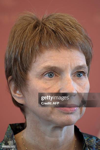 French employers association Medef head Laurence Parisot delivers a speech during her monthly press conference on May 18, 2010 in Paris. French...